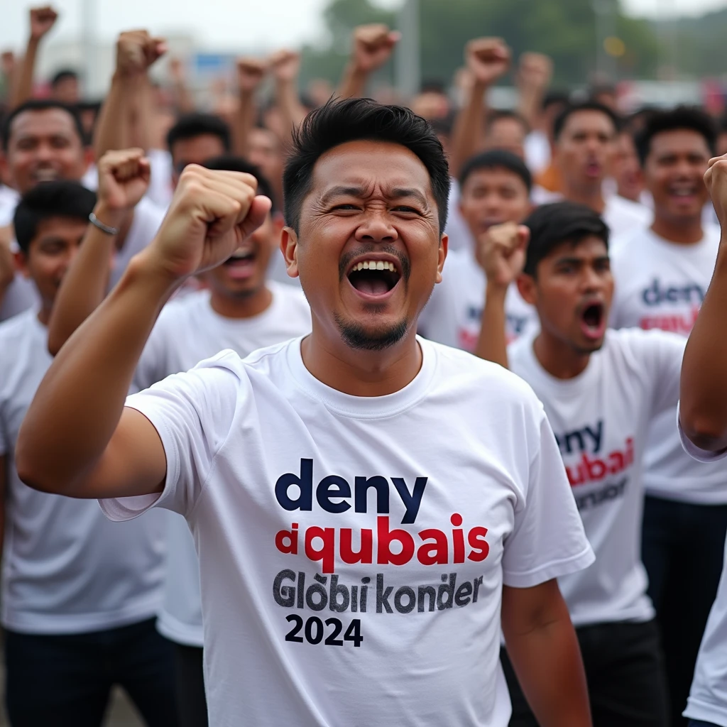 Many Men Campaigning, Hands Clenched, White T-Shirts, On The Backs Written "DENY-QUBAIS, BUPATI DAN WAKIL BUPATI MOROTAI 2024" In Big Letters