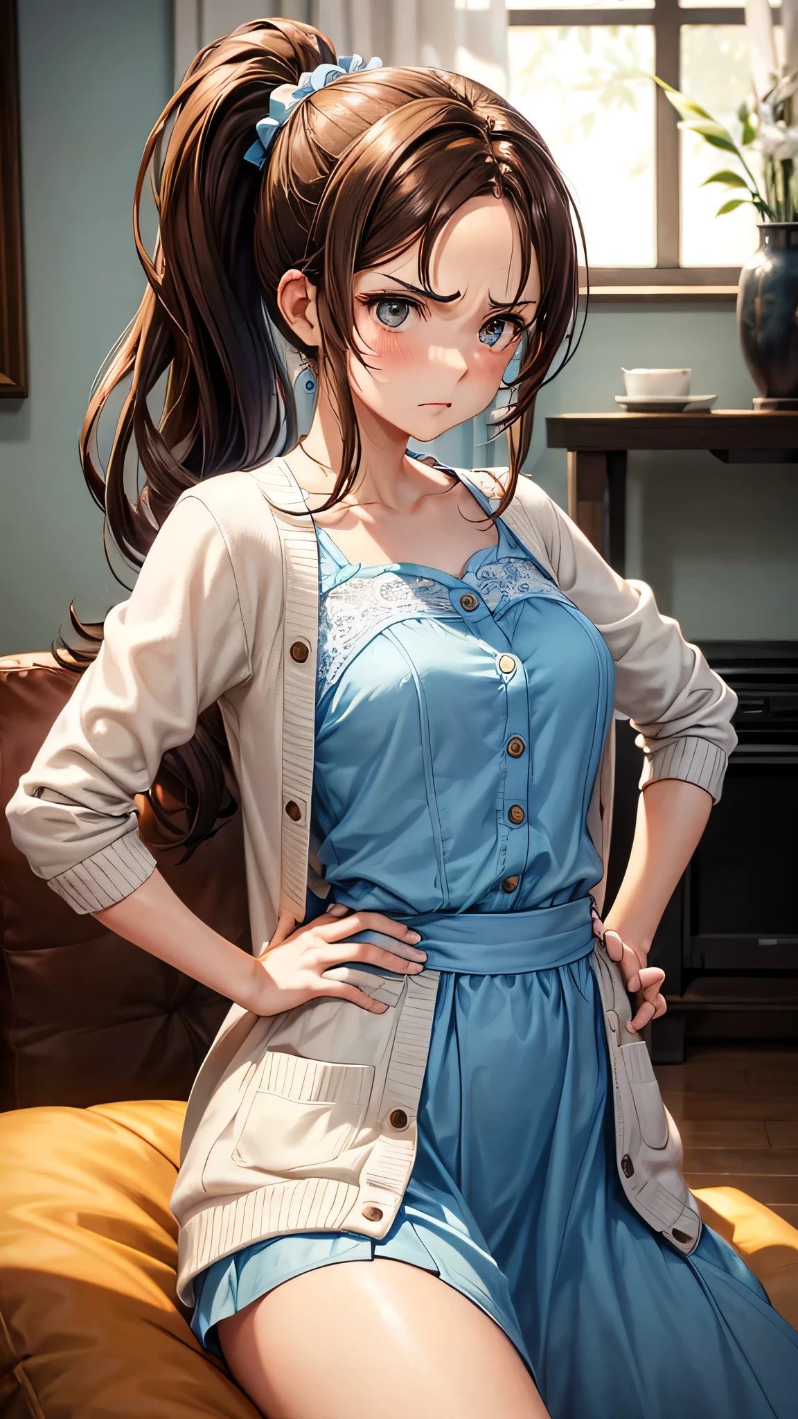 A woman with brown hair and a ponytail, wearing a light blue dress, covered with a white cardigan, with a cute angry face and hands on her hips, was sitting on the living room sofa.