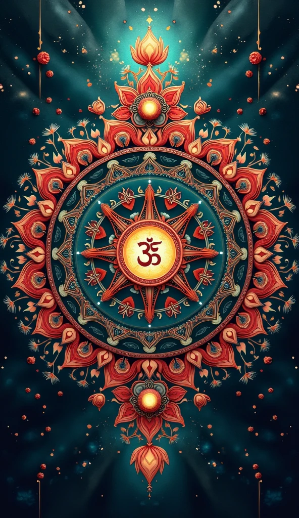 Aesthetic High definition wallpaper based on colorful, detailed and elaborated illustrated ambigram of Hindu symbols in Indian and gothic combined style and circular floral mandala form with an astounding background