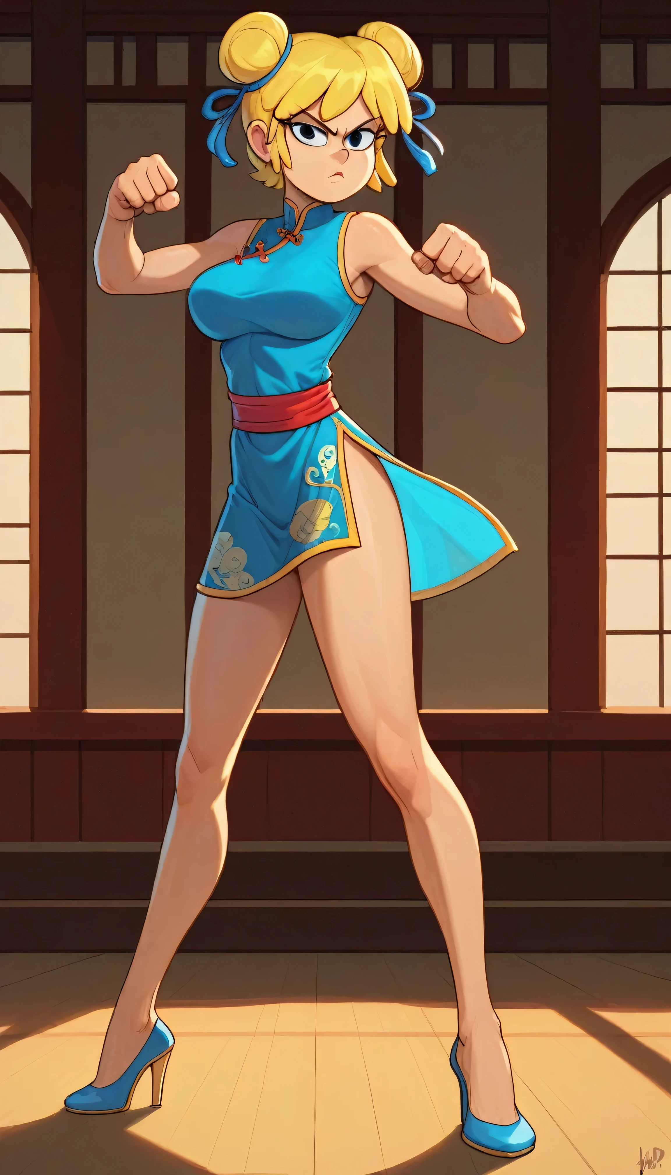 lori loud, 1girl, solo, 24yo girl, blue cheongsam,  inside of a chinese style temple, large breasts, looking at viewer, blonde hair, short hair, two hair buns , hands  score_9, score_8_up, score_7_up, high heels,teep fighting stance,martial arts