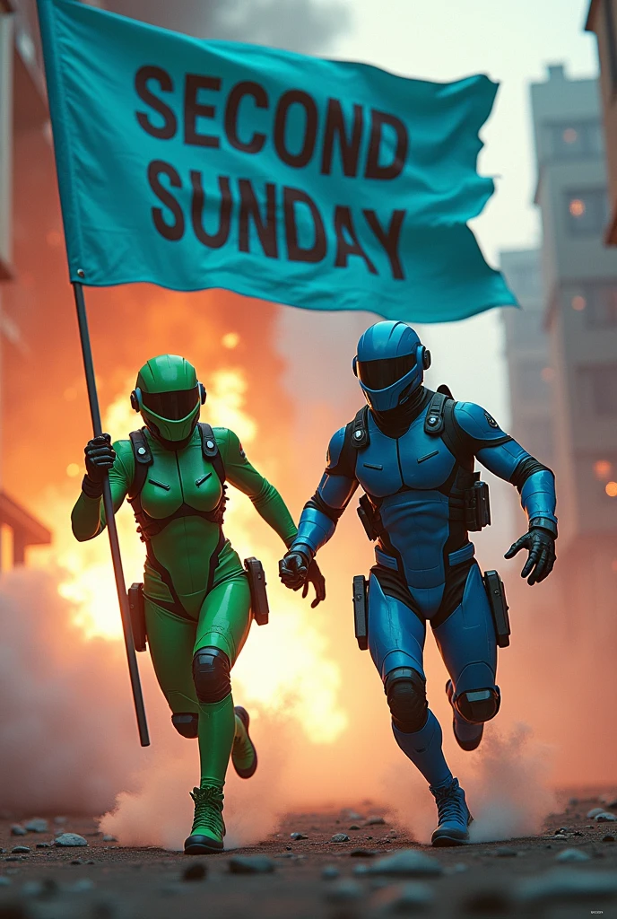 Cyberpunk Ingress enlightened agent wearing green and resistance agent wearing blue, explosion background, running forward, holding giant flag that says SECOND SUNDAY