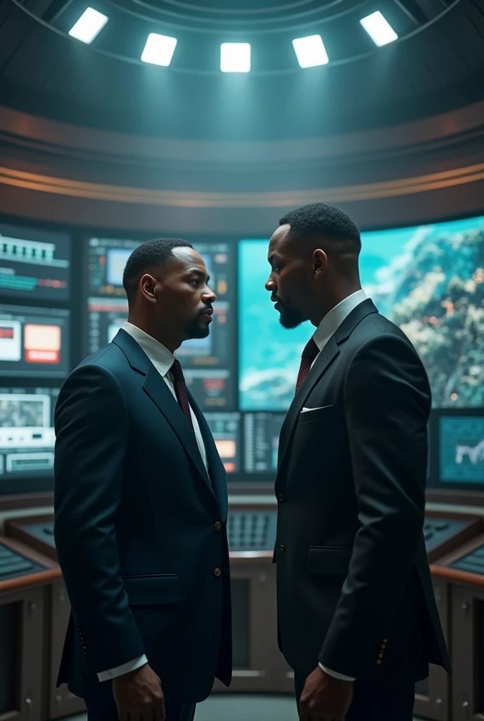 Will Smith in a dramatic showdown with a powerful bank executive in a high-tech control room. Tension fills the room."
