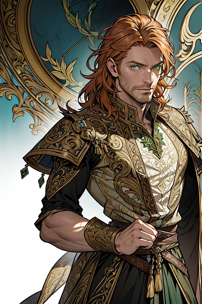 (masterpiece),(Very detailed),(Very detailed),(best quality), perfect lighting, fantasy man, 40 years old, solo ((short messy ginger hair)), tall, stunning, beautifull face, green eyes, fantasy clothing, animated style, perfect face, scar on the eye, highest detail, stubble, detailed face, intricate details, determination