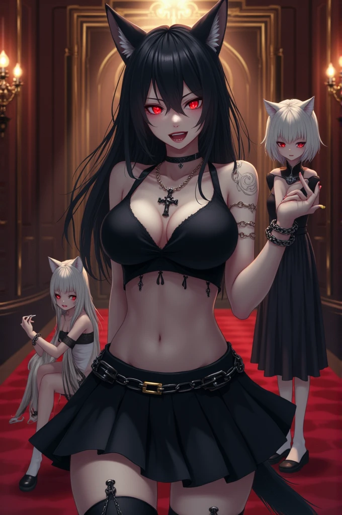Anime human wolf woman, with a short black skirt, a short black crop top, a cross necklace, a cigarette in her hand, an evil face, red eyes, extremely white skin, black ears, black tail, In a super luxurious place. An extremely white and thin cat girl, with chains on her arms and legs, medieval dress, white knee-high socks and black slippers