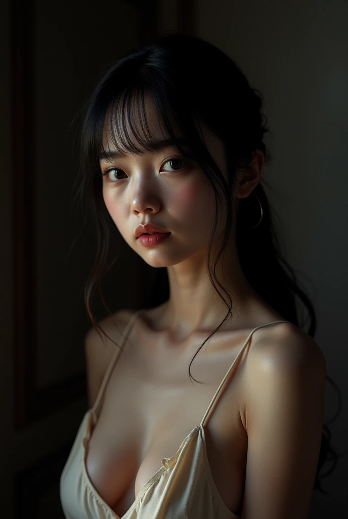 Portrait of a cute ager with a perfect beautiful face、Cute Japan、Bra very、Wearing panties、Double-breasted、Big eyes、I am proud、Small breasts、Nipples、Shine(Secret Private Research、Dark atmospheric light:1.2)