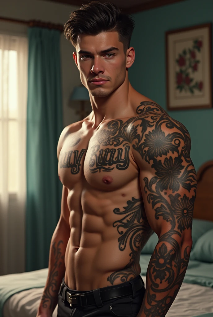 A young man AI high quality muscular strong tattoo “ruy” and other tattoo fair skin light pink mouth with realistic bedroom background