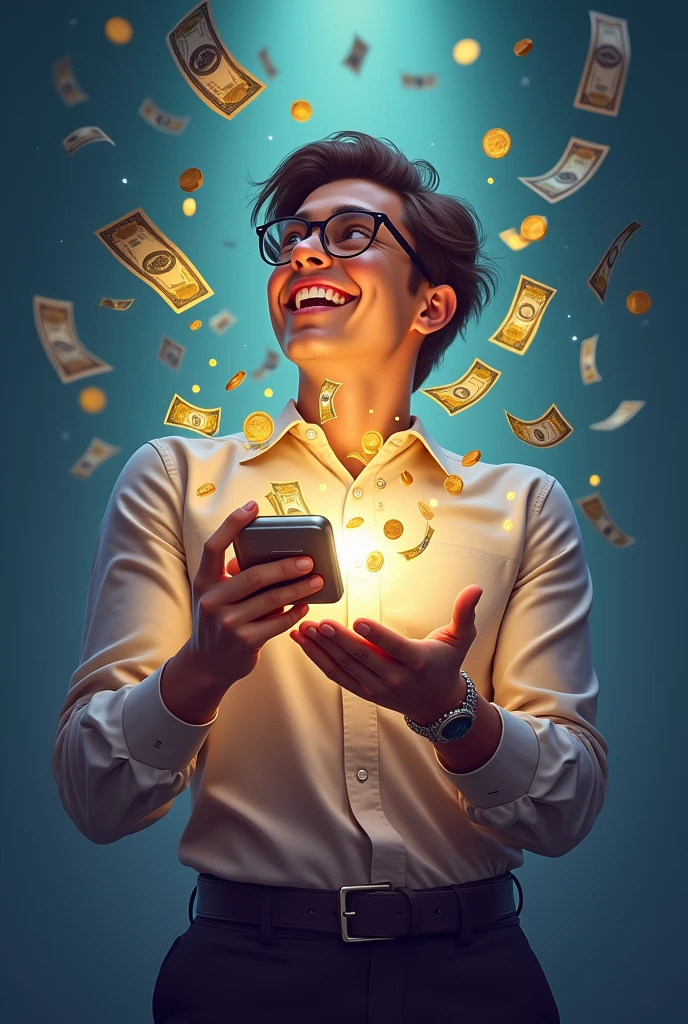 Create a vibrant and impactful image of a person turning a cell phone into a money machine. The scene should show a person with an expression of enthusiasm and success., holding a cell phone that is turning into a money machine. The cash machine should be issuing dollar bills and coins, symbolizing a steady stream of profit. The background should be dynamic and colorful, with elements that reinforce the idea of finance and growth. The style of the image should be modern and inspiring., capturing the magical transformation and emotion of the moment.