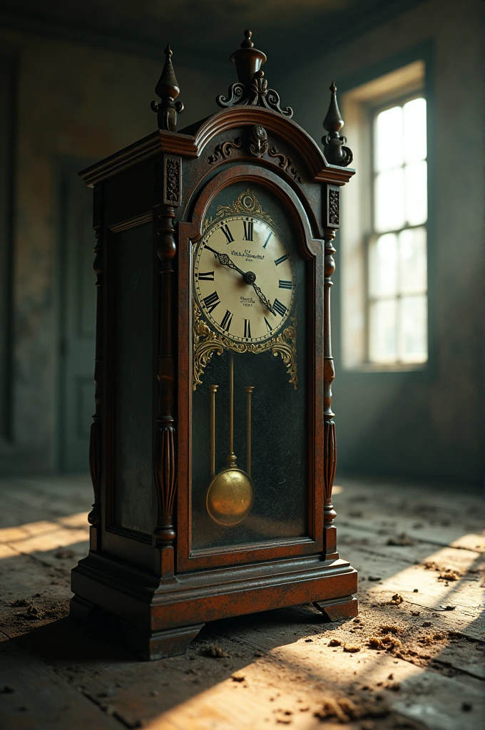 Old dusty clock ticking inside a abandoned house