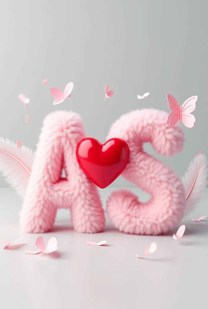 A 3d render of two pink fluffy alphabets "A" and "S" with a red heart between them, with a white feather and butterfly, The background is a light gray.