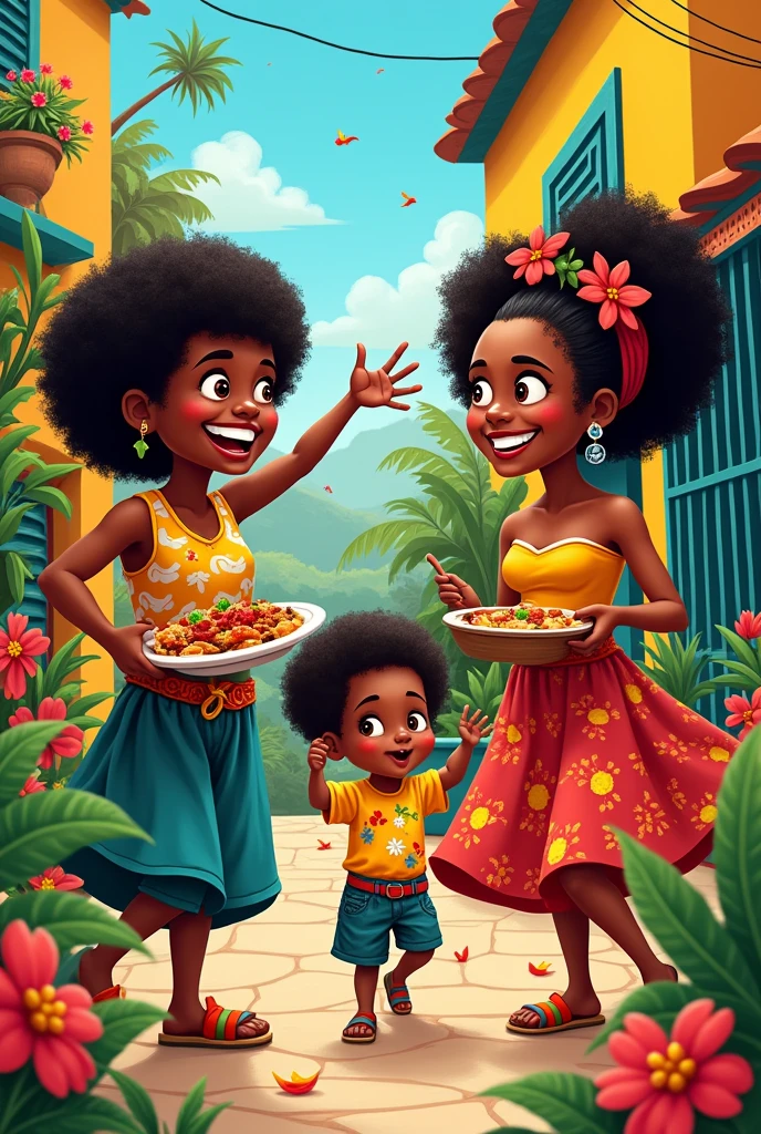 Create a cartoon about Afro-Colombians about food and dances of 3 people