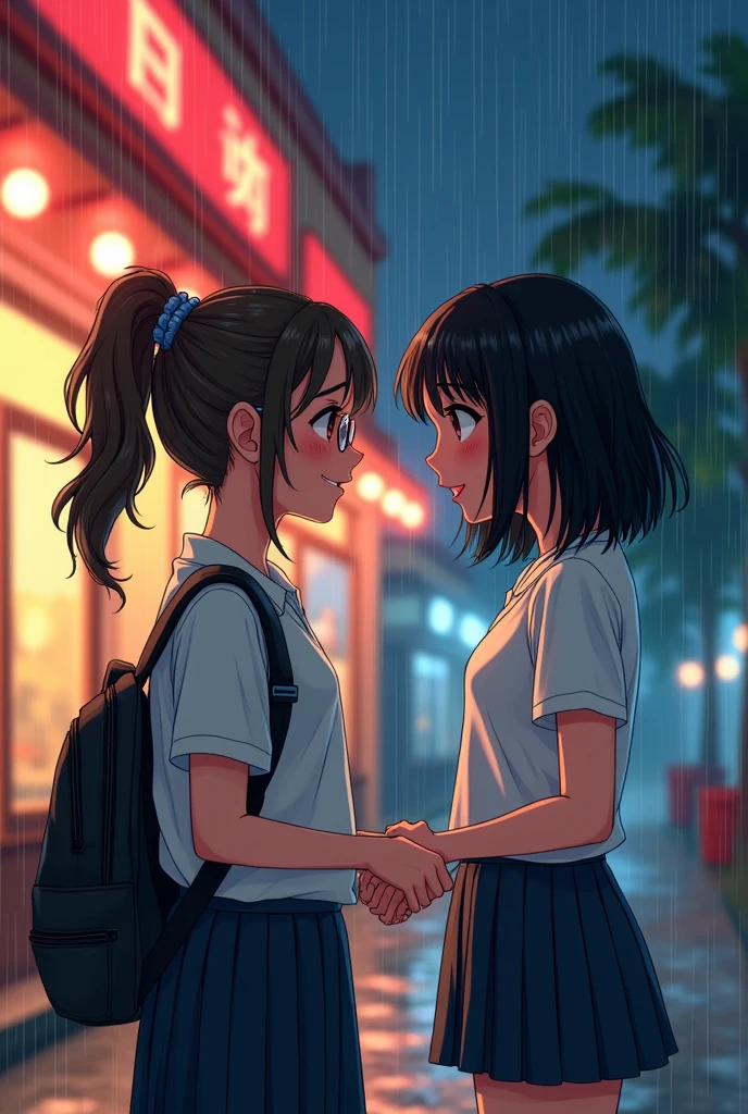 2 girls, rainy night, look at each other, Smile, pixel style, Beautiful girl game style, Meeting in the rain。Penguin Xuan, 20 years old, Light brown curly double ponytail, big round glasses, Wearing school uniform, The whole body was soaked by the rain, looking at each other。小紅比Penguin Xuan矮, Wearing a 3XL solid color T-shirt, Slightly transparent when wet, black bob haircut, Slightly brown skin, Thick eyebrows and tiger teeth, Slightly worried and cute expression, touching each other&#39;s hand。The background is the exterior of a vintage restaurant, Fisheye lenses, third person perspective side view, 細膩pixel style, Retro。Blushing, The side of the character, looking down camera, cartoon, 80&#39;s，