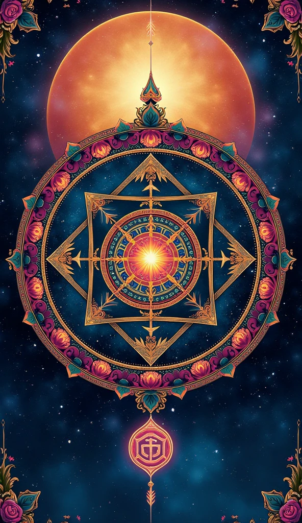 Aesthetic High definition wallpaper based on colorful, detailed and elaborated illustrated ambigram of Hindu symbols in Indian and gothic combined style and circular floral mandala form with an astounding extraterrestrial background