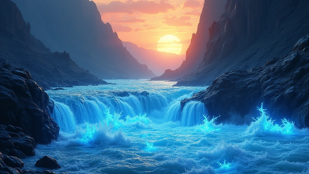 Close up of a blue stream flowing through a rocky area with peaks,In the afterglow of the setting sun,Looks particularly spectacular,气势磅礴 The art of math by Juan Giménez, tumblr, The art of math, river of Blue flame, Blue flames surrounding, magic Blue flame, Blue flame!, Blue flame everywhere, Blue flame, emerging from Blue flame, breathing Blue flame, Blue flames, Blue flame, Blue bioluminescence