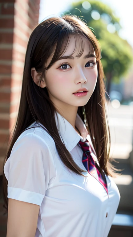 (Photorealistic), Beautiful detailed, Highly detailed eyes and face,Perfect figure,】、White school uniform、Long Hair、White Hair、whole body、Swimwear、Background is white