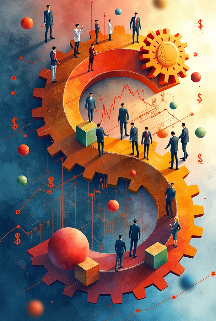 Create three-dimensional gears, circles, and squares, currency, graph lines, and many businessman images. Using watercolor and mixed media Use bright colors The light source is in the upper right corner. --ar 2:3