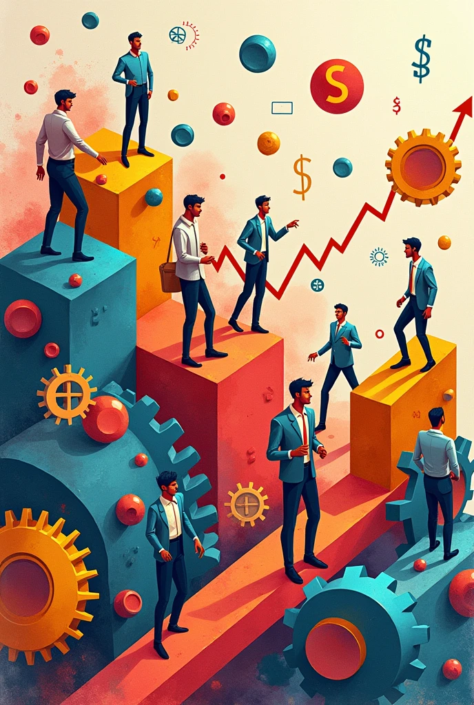 Create three-dimensional gears, circles, and squares, currency, graph lines, and many businessman images. Using watercolor and mixed media Use bright colors The light source is in the upper right corner. --ar 2:3