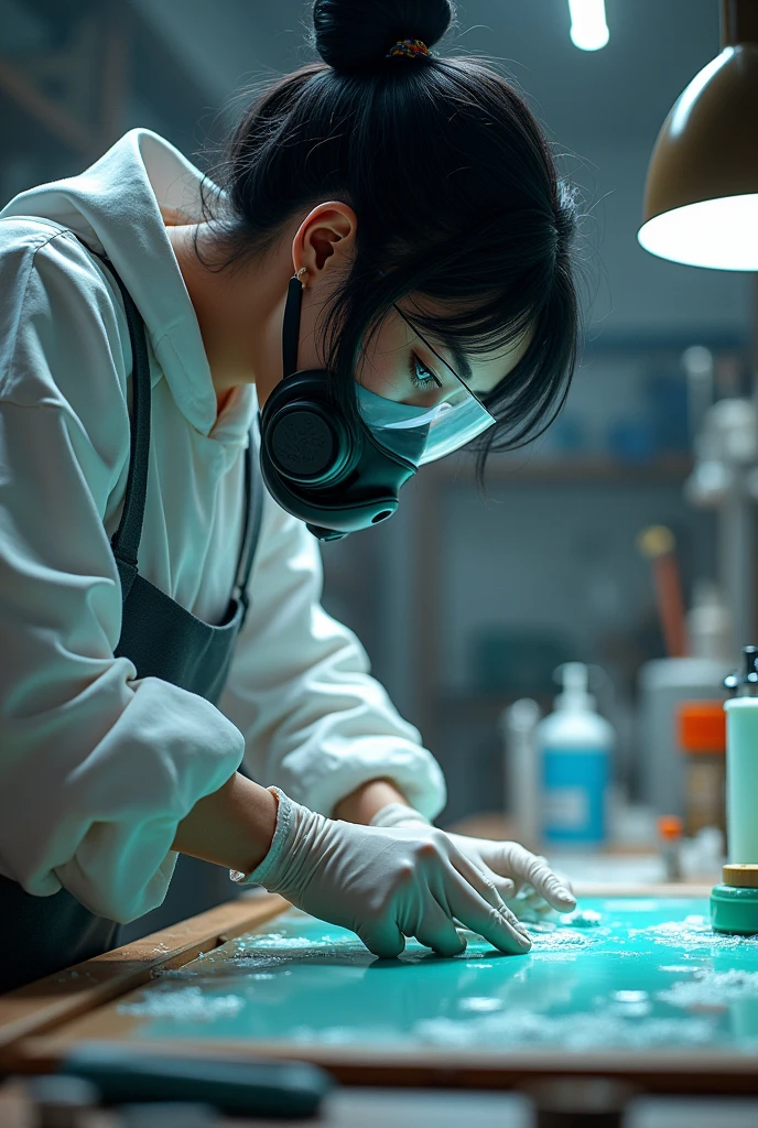 Resin artist with black hair tied up working with a chemical mask and gloves