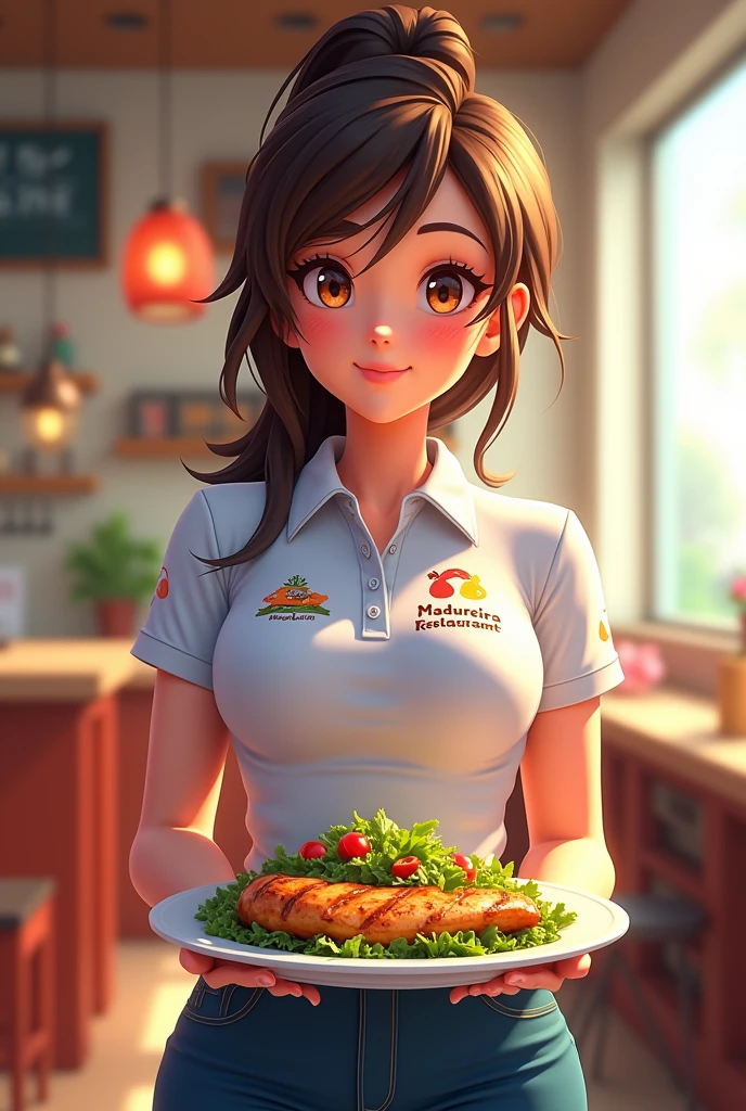 a one woman, toned and fit, Linda, wearing a 3d anime polo shirt, holding a beautiful plate of salad, with a juicy grilled chicken breast fillet , on her shirt it says Madureira restaurant