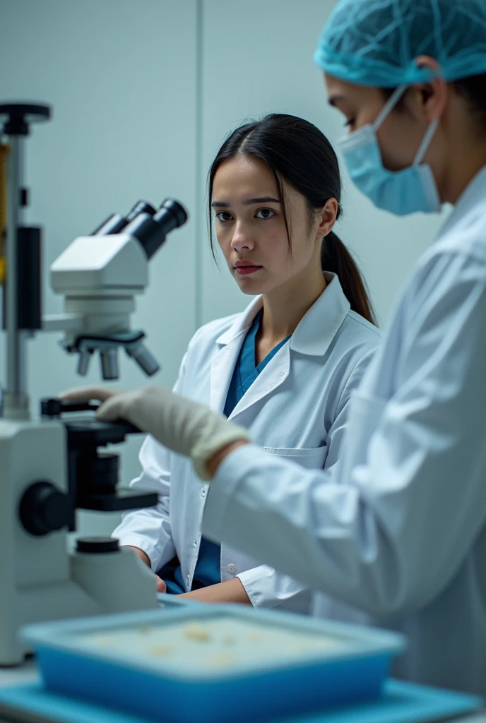 create an image of a young woman undergoing histopathological tests