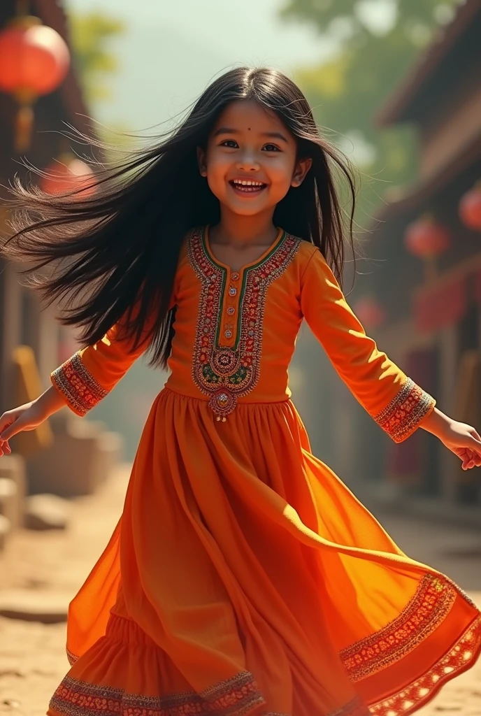 Create a nepali girl in kurta with long black hair spinning happly