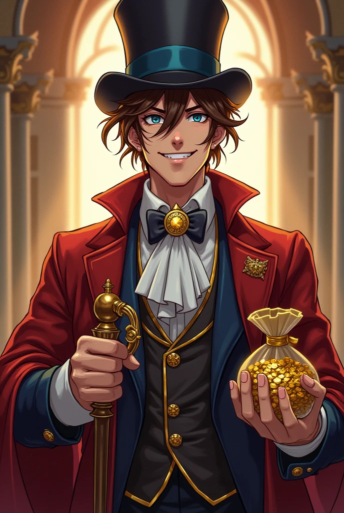 dnd, dungeons and dragons, noble, normal round human ears, human, slender, very rich, clean, wealthy, holding a bag of gold, solo, single person, portrait, action pose, white skin, opulent, stylish, short shaggy brown hair with highlights, blonde highlights, blonde streaks in hair, icey blue eyes, top hat, fancy cane, handsome, smiling, laughing, funny, male, anime, comic book, colorful expensive robes, expensive jewelry, fancy, peaceful, grandiose, ((masterpiece, best quality)), trending artwork