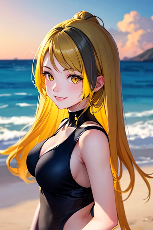 high quality, subsurface scattering, chromatic lighting,
colorized, yellow + black limited color palette,
detailed concept drawing,
on a beach
portrait, 20yo 1girl, medium soft breasts, slender, yellow hair, yellow eyes, smiling