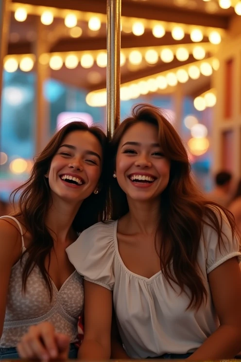 two beautiful brunette women are in an amusement park. on the swing carousel Well lit. joy. atmospheric light. Full body shot