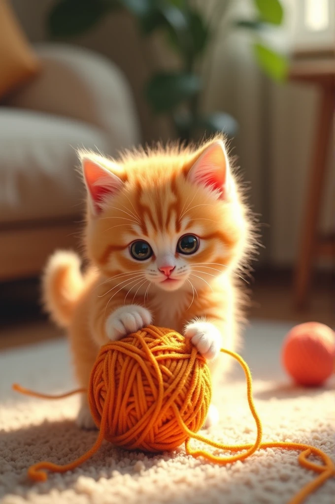 Cute yellow kitten playing with ball of yarn