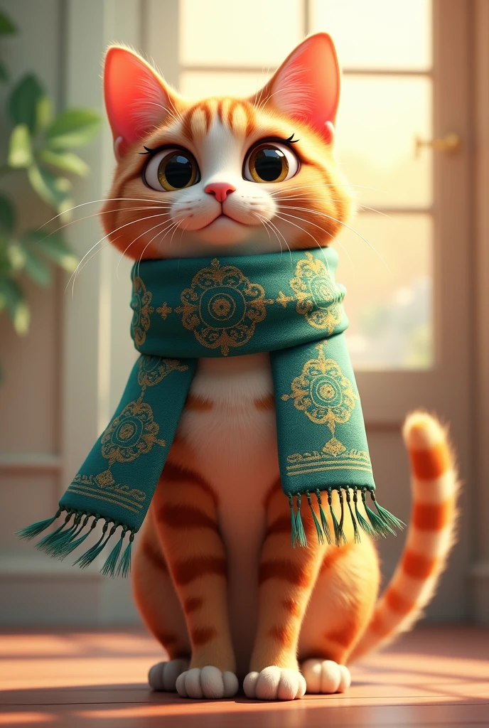 stunning 3D illustration of a cat, standing tall and majestic, wearing a green and blue patterned scarf adorned with intricate geometric designs and circular motifs. The scarf features fringed ends and symmetrical patterns running along its length, showcasing a harmonious blend of traditional and contemporary styles. The cat's eyes are wide with curiosity, and its fur is a mix of rich browns and creams. The background is a soft, dreamy blend of warm and cool colors, setting the perfect stage for this elegant feline.