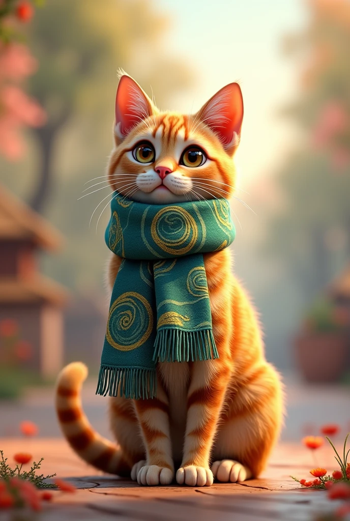stunning 3D illustration of a cat, standing tall and majestic, wearing a green and blue patterned scarf adorned with intricate geometric designs and circular motifs. The scarf features fringed ends and symmetrical patterns running along its length, showcasing a harmonious blend of traditional and contemporary styles. The cat's eyes are wide with curiosity, and its fur is a mix of rich browns and creams. The background is a soft, dreamy blend of warm and cool colors, setting the perfect stage for this elegant feline.
