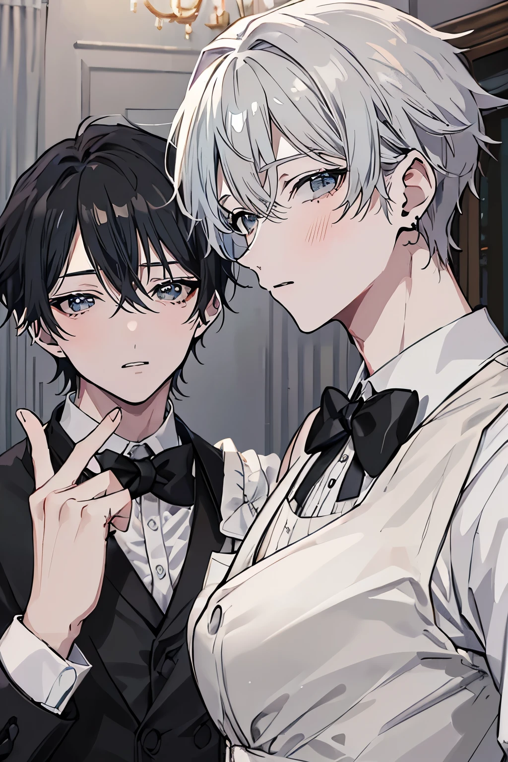 (Mastepiece)、(Best Quality)、Very detailed、((Two butlers:1.5))、Perfect Face、Beautiful Face、Very detailedな顔、(Black-haired man:1.3)、(Grey-haired man:1.3)、Deacon's uniform、(monocle:1.3)、(White gloves:1.3)