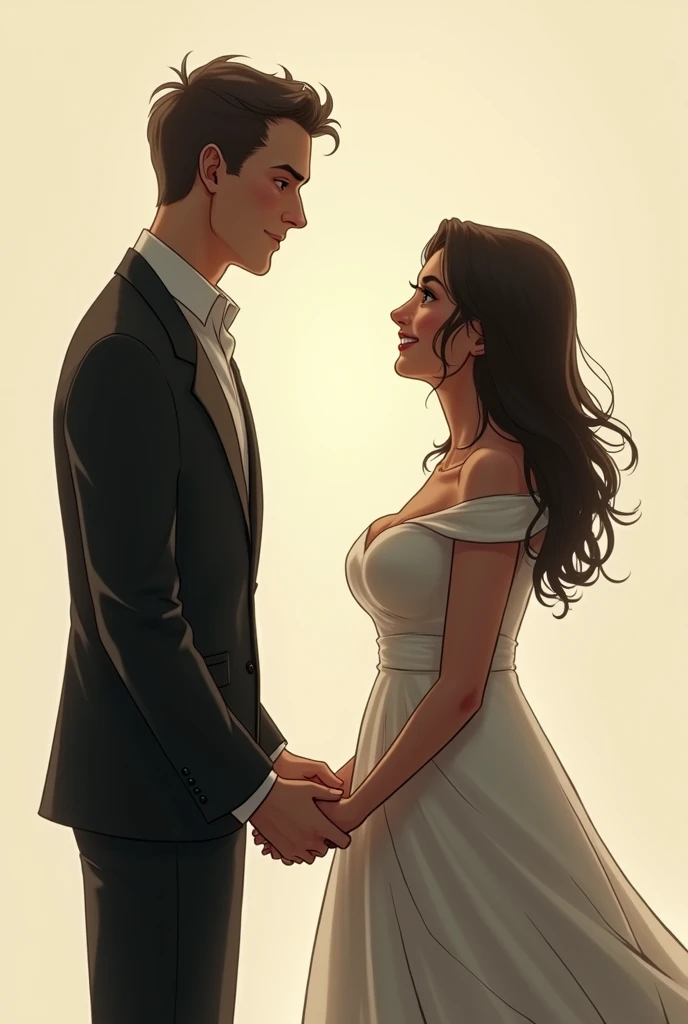 um casal, Tall thin man, fat woman, facing each other, holding hands, reciting a quote together, poem.
