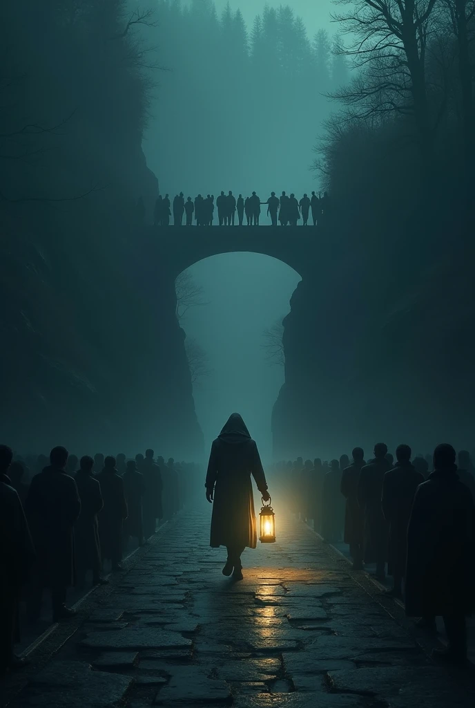 Photo of a bridge with two sides, One side is dark , There are many people standing over there.. And only one person holding a lantern walked towards the bridge to guide the others., the rest of the people moved to one side . There is no one on the bridge..