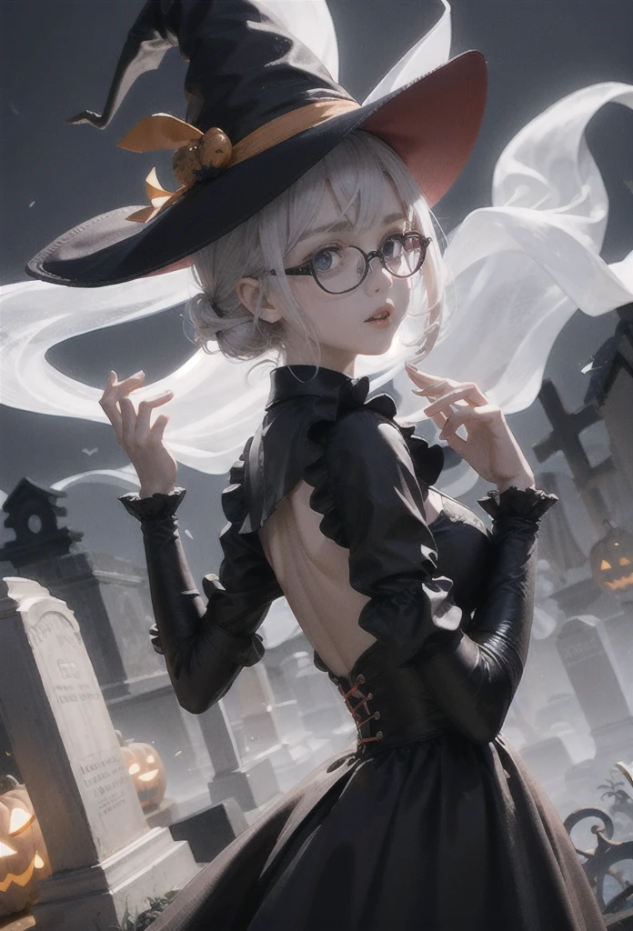 ジャックオーランタン,HALLOWEEN,(Masterpiece:0.9), best quality, (illustration, absurd-resolution:1.1), hyper detail, (halloween theme), (1girl), solo, dynamic angle, (cinematic lighting, best quality backlight), Tareme, (glasses, Witches' Clothing), Tombstone, (cemetery:1.25), richly coloured, (Ghost, Kawaii:1.25), Will-o'-the-wisp, [(darkness background:1.4)::0.2], (Halloween 4k Wallpapers:1.25), HDR, 