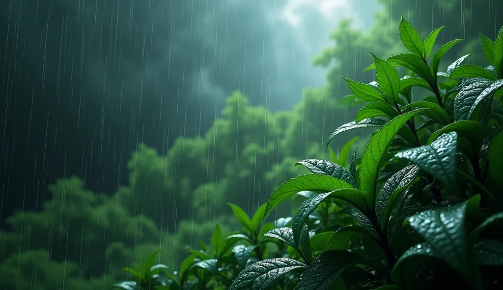 Leaves  get wet due to heavy rain in the thunderstorm