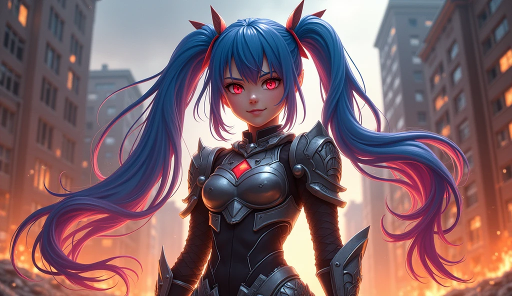 best quality, 4k, masterpiece, extremely detailed, High Detail, 1girl, solo, peri, blue hair, hair over one eye, multicolored hair, twintails, pink hair, red eyes, two-tone hair, armor, smile, Burning city background