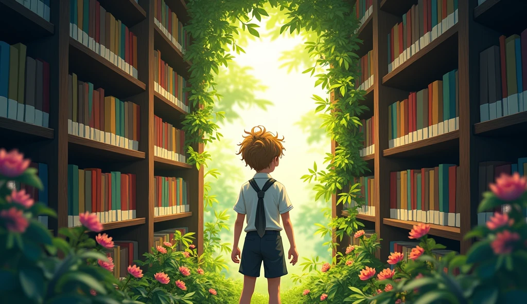 The back of teenager boy with bright, a mop of unruly, sandy brown hair, stands at The channel between the bookshelves he finds the entrance of a hidden garden. He is wearing a crisp, school uniform with a white shirt and a black tie.
stands at the entrance of a hidden garde in the library. Sunlight filters through the trees, casting dappled shadows on the lush green foliage and vibrant flowers.