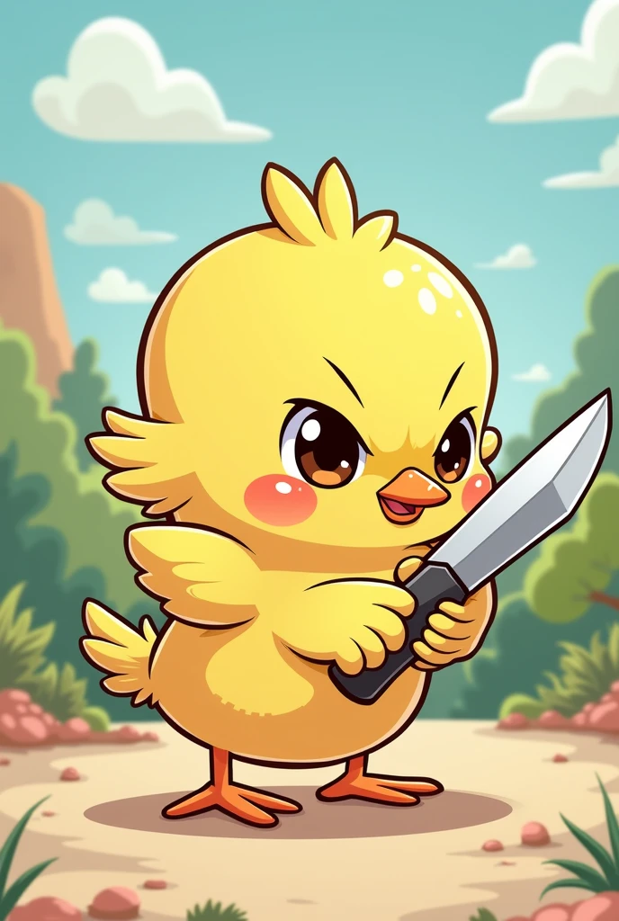 Cute yellow killer chick with cartoon knife