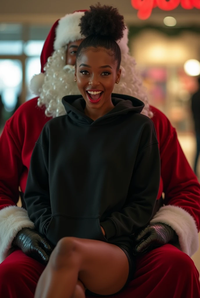 black woman hair in a bun black hoodie black leather short shorts excited look on her face with eyes really big and wide open setting on santa claus lap at the mall side full large picture shot
4k romantic sexy camera angle looking up from her feet up