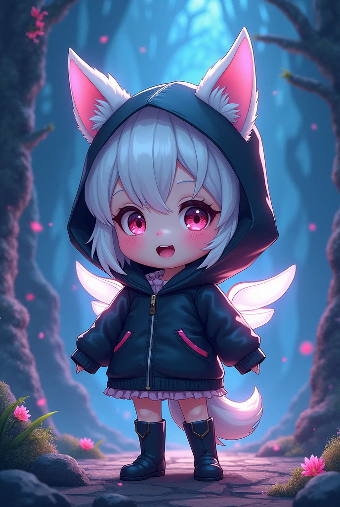 Chibi,cute,간단한 ship경,1 woman, alone, looking for_~to_viewer, open_mouth,, long_Sleeve, jacket, saturated_body, White_short hair, Boots, Hood, Chibi, Black color_footwear, Black color_jacket, purple_eye, colo red_skin, Hooded_jacket, Cloak, Abyss_ship, performance, Hood_consolation, White_skin,여우 White 귀, Transparent Angel Wings
