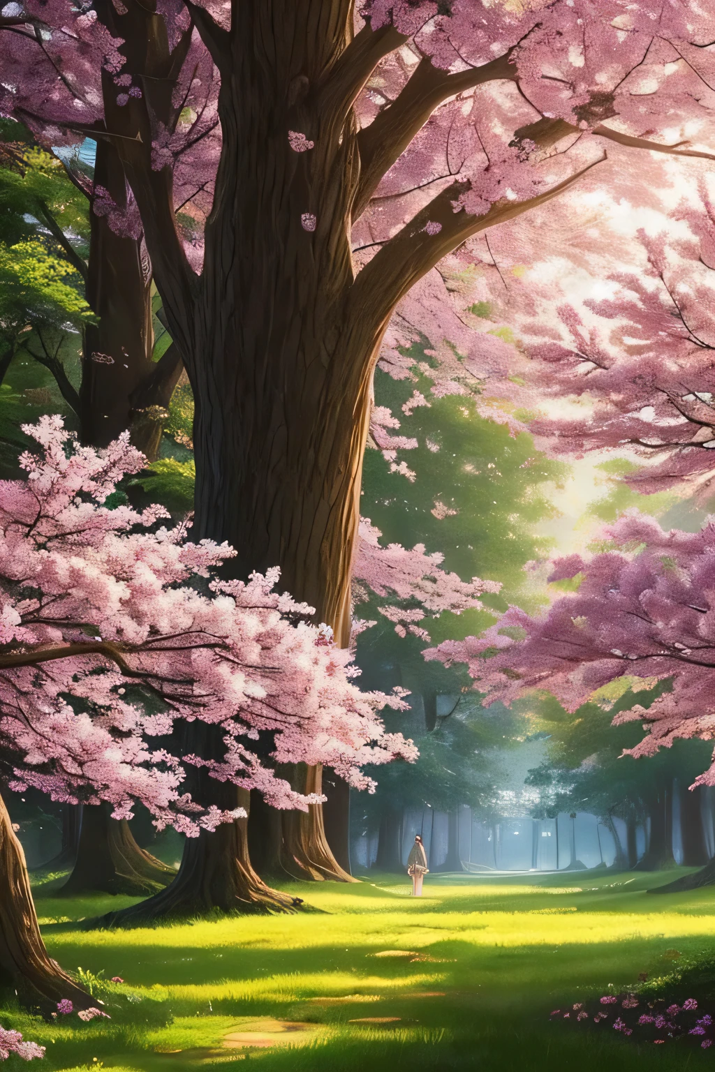 masterpiece, top quality, high quality, 8k wallpaper of highly detailed CG units, A charming and dreamy scene of a lush sakura forest, An artistic station that brings mystery and ecstasy with tall trees, digital illustration, complicacy, Orientation, pastel colors, oil paint, award winning picture, depth of field, HDR, flower, chromatic aberration, realistic, Extremely delicate, oriental by artstation, CGsociety's Orient, Complex, high detail, Spectacular, Art in the middle of a journey, Old tree, The windy road, tarn, 벚flower, 숲 옆 tarn, tree tunnel, 개나리 flower, sun, A little fog