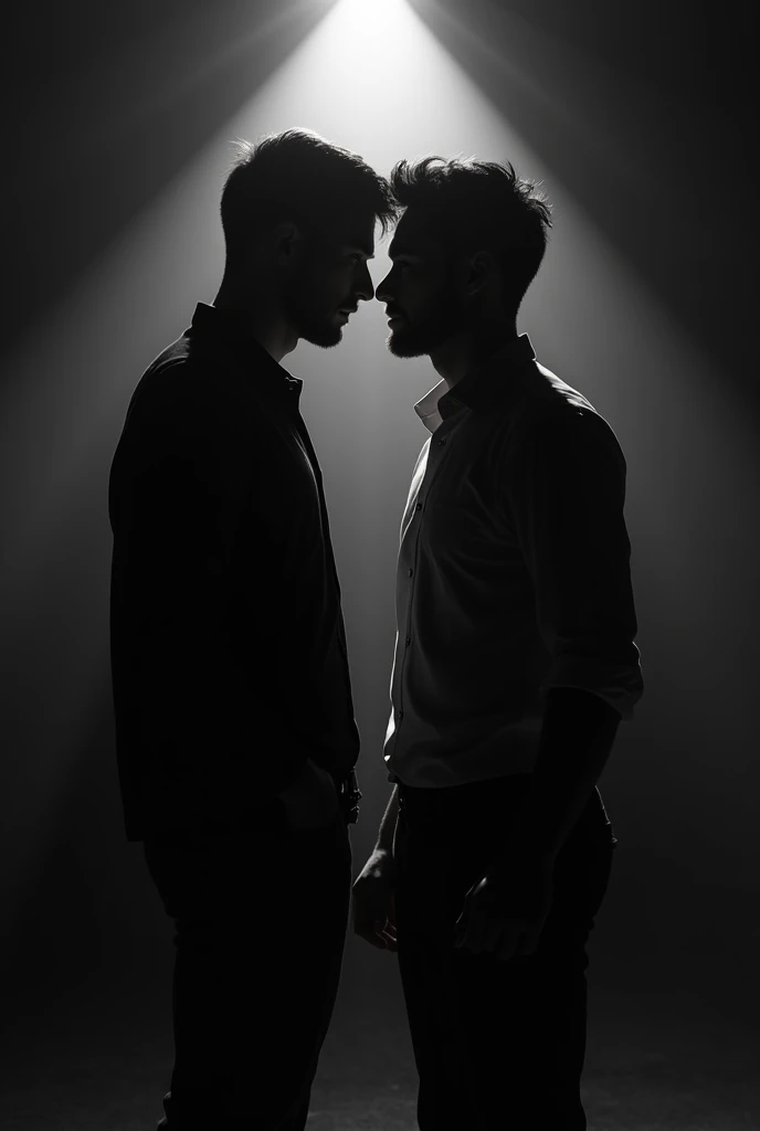 Peux tu faire deux hommes en train de se regarder romantiquement de vue de dos dans le noir ou on voit juste les silouhettes. I want us to see only their shadow . I want us to see their silhouette 