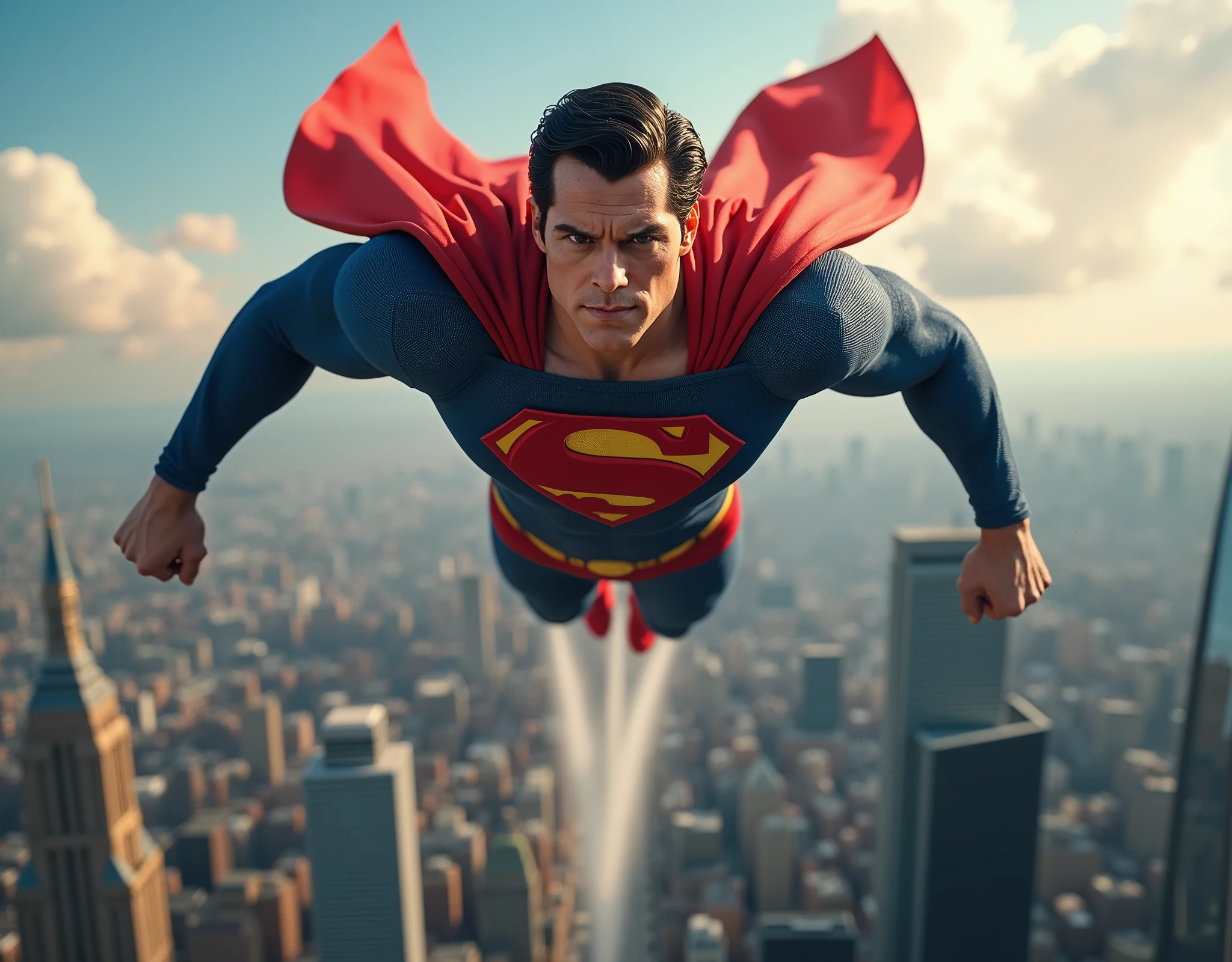 super man flying from city, realistic photo,