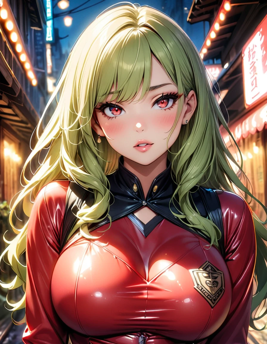 Ultra, high resolution, 1girl, solo, green hair, wavy hair, long hair, ((red eyes)), glowing eyes, sultry eyes, juicy lips, plump lips, glossy lips, soft blush, dolly face, eyelashes, eyeliner, large breasts, pale skin, ((red latex dress)), ((short dress)), realistic background, warm lightning, very detailed clothes, very detailed face, very detailed eyes, very detailed hair, ultra, best quality, masterpiece, looking at viewer, in love with the viewer, full body, posing seductively.