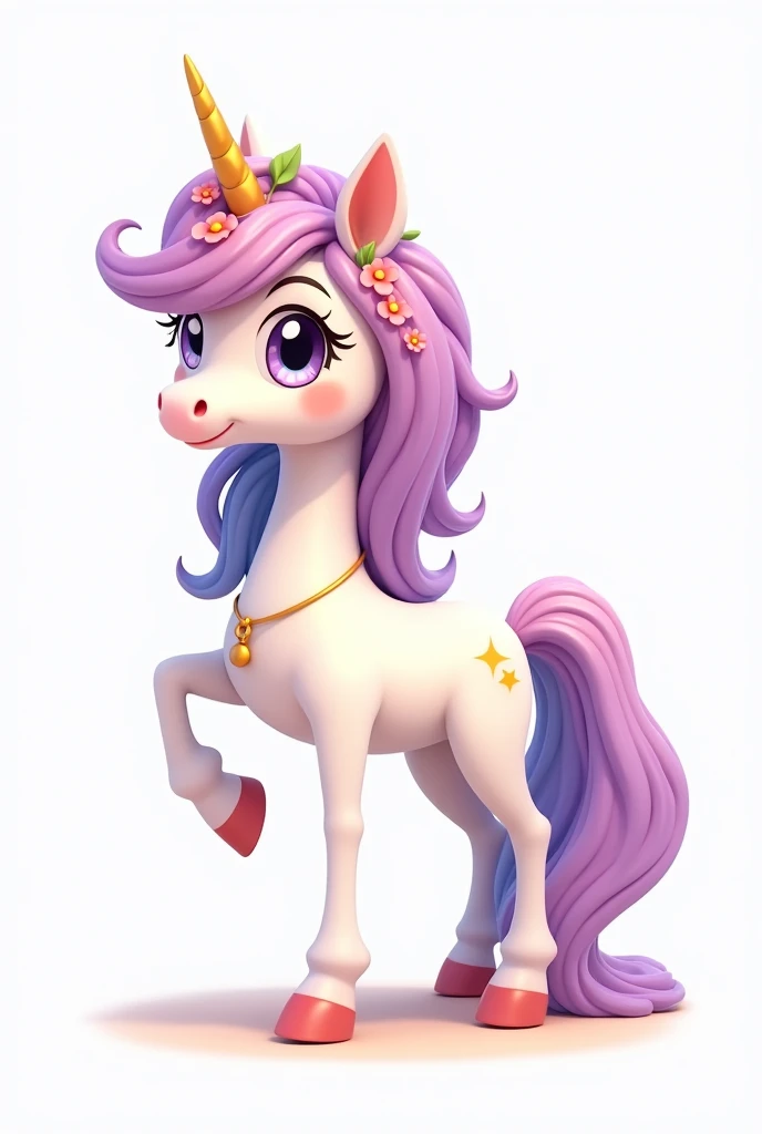 a white unicorn standing looking sideways, cute disney pixar style, cute face, the unicorn is on its side and standing looking sideways forward , showing all unicorn, loose, voluminous, flowing curly hair in lilac colors, Pink,yellow, Unripe, cerulean, rot, Unripe, hair and mane with all the colors of the rainbow, with a strong lilac predominating, em volta do cabelo pequenas flores Pinks com folhas Unripes, and also stars, Dedicated gold cord with delicate pendant around the neck, olhos Unripes e o unicornio cintila com alguns brilhos, female unicorn white background, flowing hair, very voluminous, gold tiara on delicate head white background and unicorn stands out from the background, the unicorn has sparkling sparkles in its hair, the opaque background png