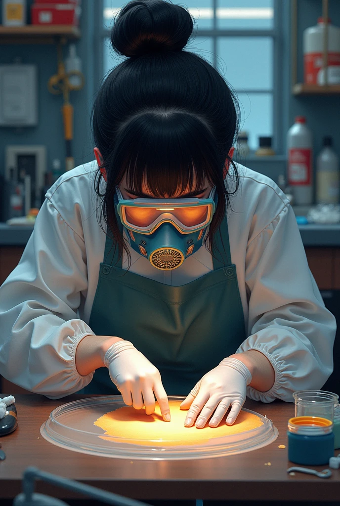 Resin artist with black hair tied up working with a chemical mask and gloves