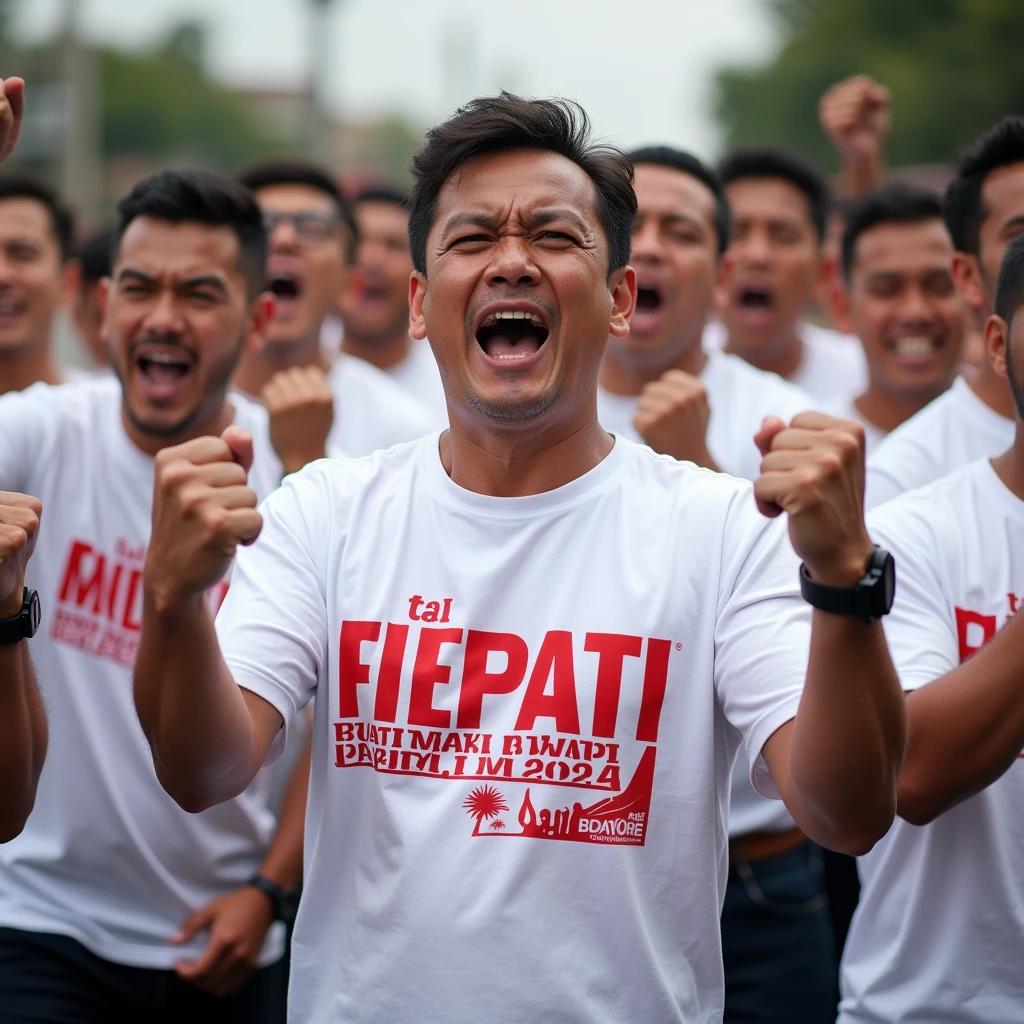 Many Men Campaigning, Hands Clenched, White T-Shirts, On The Backs Written "DENY-QUBAIS, BUPATI DAN WAKIL BUPATI MOROTAI 2024" In Big Letters