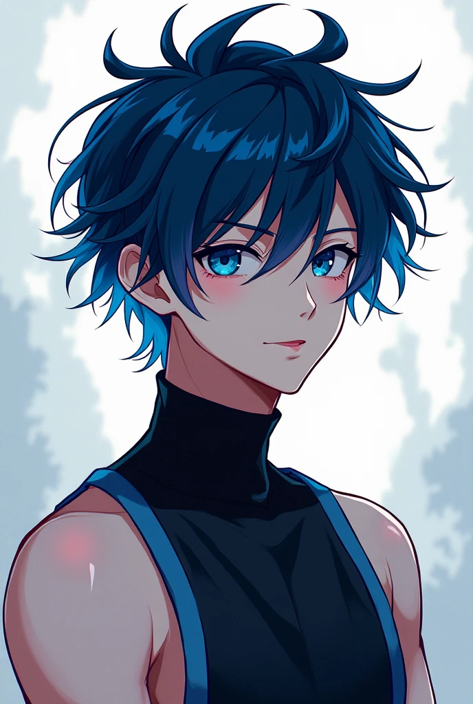 Anime style hot demon blue and black SLIGHTLY messy but fluffy hair short guy handsome tall turtle neck shirt no sleeves