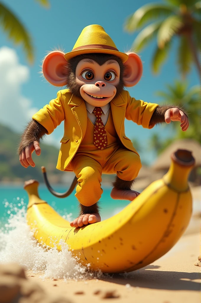 Monkey in curry suit, surfing on a banana with curry player skin in 8k ultra realistic