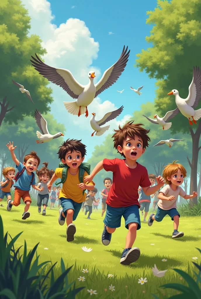 Children running away from geese